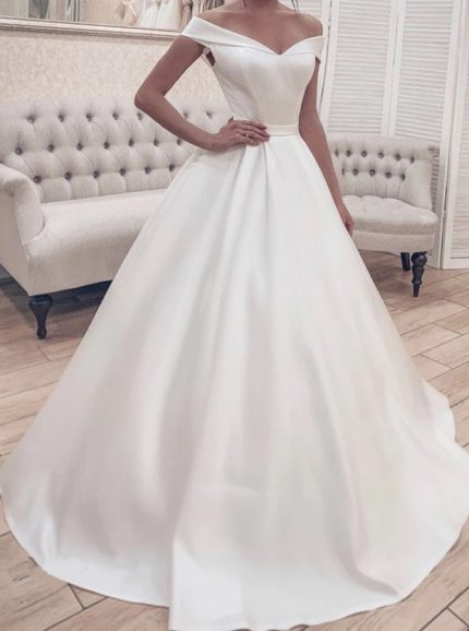Modern A-line Satin Wedding Dress with Off The Shoulder Neckline