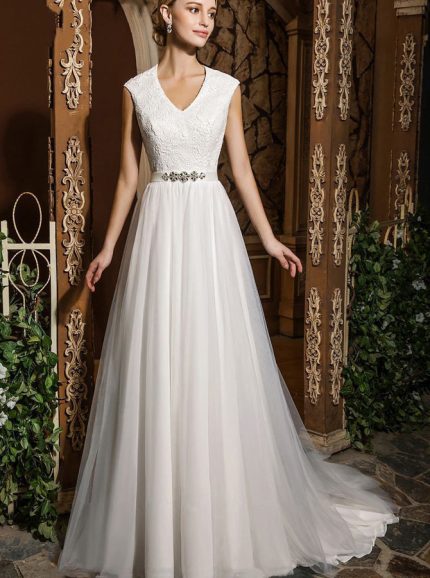 Modest A-line Wedding Gown with Tulle and Lace Fabric