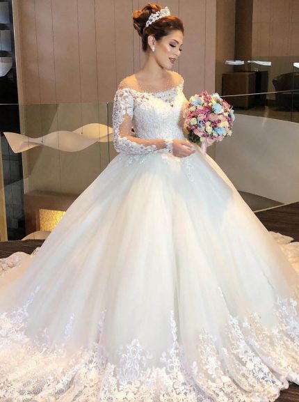 Luxurious Tulle Ball Gown with Illusion Neckline and Long Sleeves