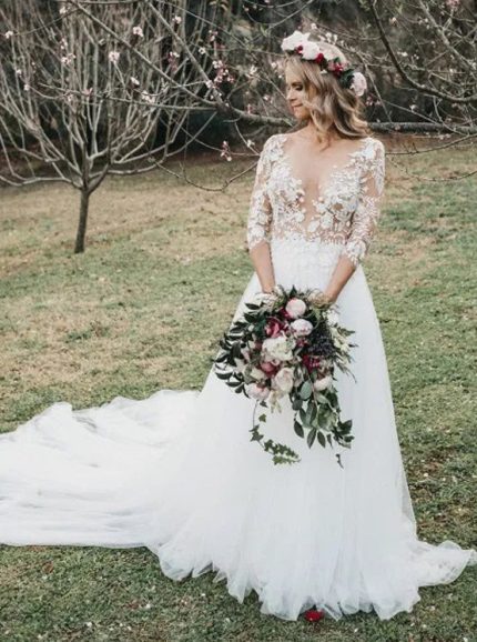 Sexy Lace Applique Wedding Gown with Illusion Neckline