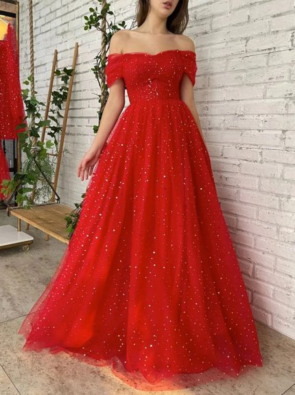 Off The Shoulder A-line Prom Dress with Sweep Train