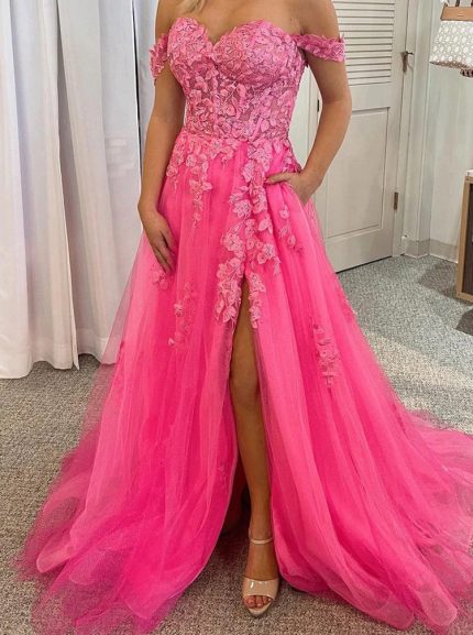 Off The Shoulder A-line Prom Dress with Lace Appliques