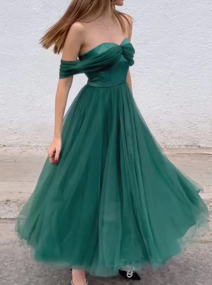Tea Length Off The Shoulder Prom Dress with Ruching
