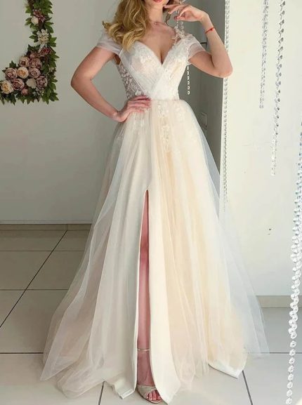Romantic Off The Shoulder A-line Wedding Dress with Beaded Lace Appliques