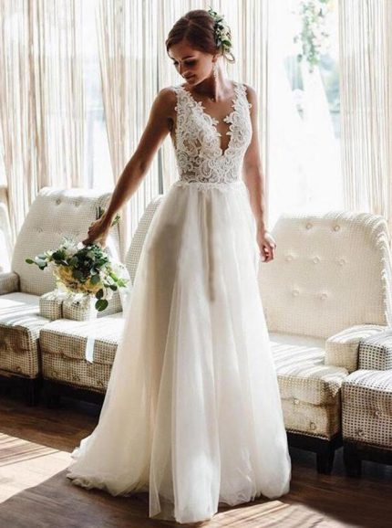 Idolrays Lace Applique Wedding Dress with V Neckline and Sweep Train