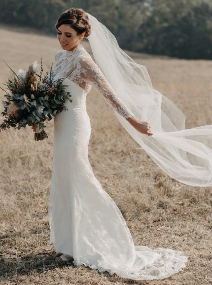 Idolrays Lace Wedding Gown with High Neckline and Long Sleeves