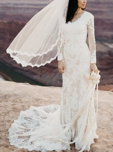 Modest V-Neck Wedding Gown with Lace Appliques and Long Sleeves
