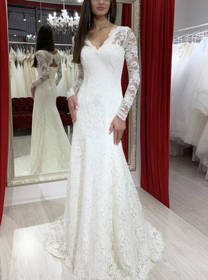 Modest Lace Wedding Gown with V Neck and Long Sleeves