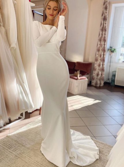 Modern Fit and Flare Wedding Gown with Long Sleeves
