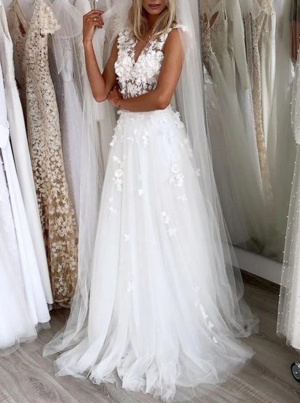 Idolrays A-line Wedding Dress with 3D Lace Appliques