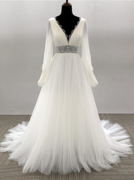 Idolrays V-Neck A-Line Wedding Gown with Bishop Sleeves