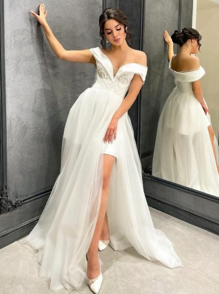 Tulle A-line Wedding Gown with Off The Shoulder Neckline