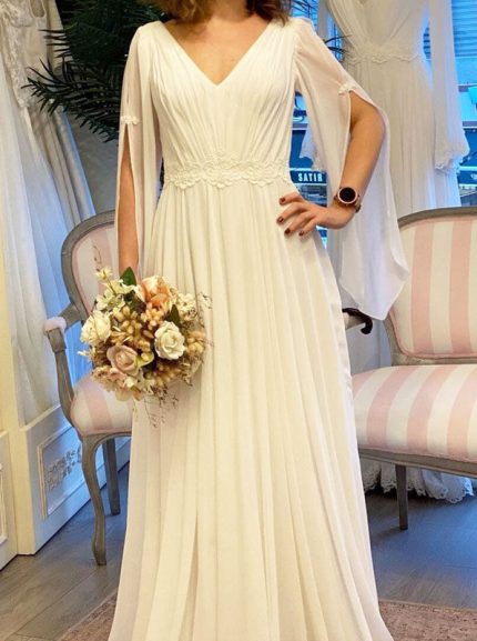 Idolrays V Neck Chiffon Wedding Dress with Lace Appliques