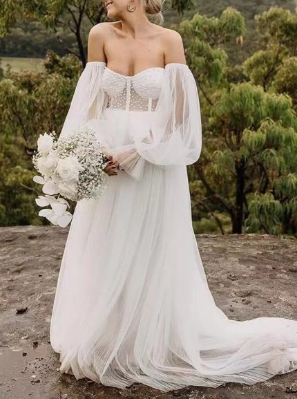 Idolrays A-line Wedding Gown with Long Sleeves and Pearls