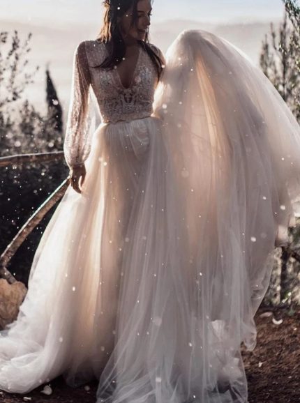 Idolrays Lace Applique Wedding Dress with Long Sleeves