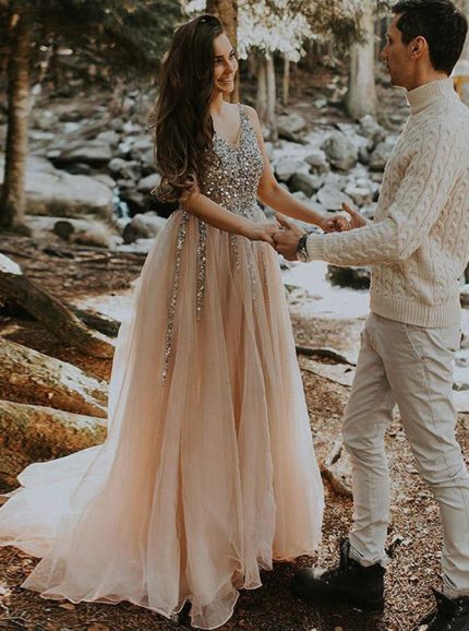 Idolrays V-Neckline Wedding Gown with Beadwork and Court Train