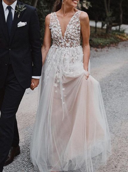 Idolrays Boho Wedding Dress with 3D Floral Appliques