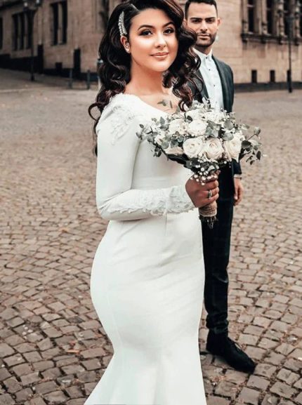 Modest Lace Applique Wedding Gown with Long Sleeves