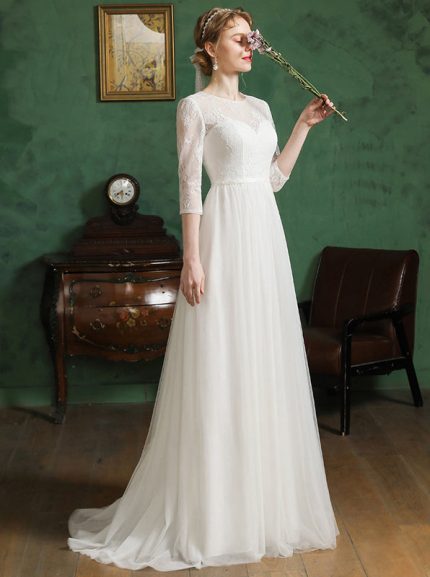 Modest Lace Wedding Gown with 3/4 Sleeves and A-line Silhouette