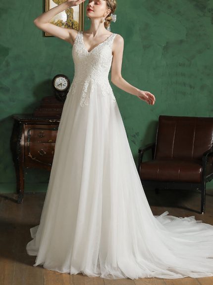 Rustic V-Neckline Wedding Dress with Lace Appliques
