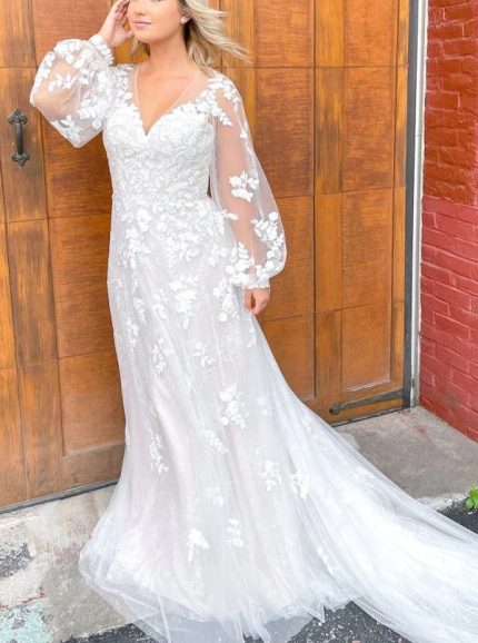 Lace A-line Wedding Gown with Chapel Train and V Neckline