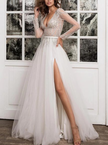 Sexy V-Neckline Wedding Gown with Long Sleeves and Beadwork