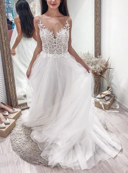 Romantic A-line Wedding Dress with Illusion Neckline and Lace Appliques