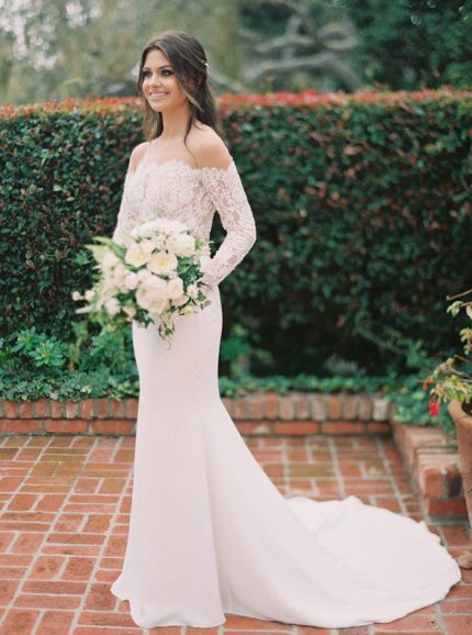 Modern Lace Wedding Gown with Illusion Neck and Sweep Train