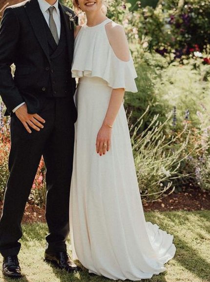 Simple A-line Wedding Dress with Jewel Neckline and Ruffles