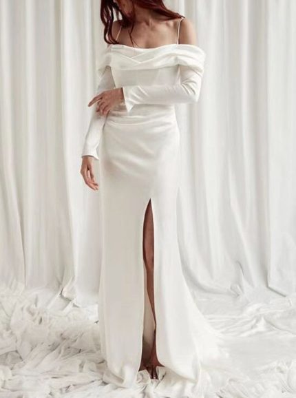 Simple Spaghetti Straps Wedding Gown with Long Sleeves