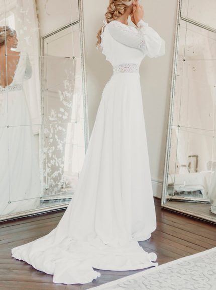 Simple A-line Wedding Gown with Lace Embellishments and Long Sleeves
