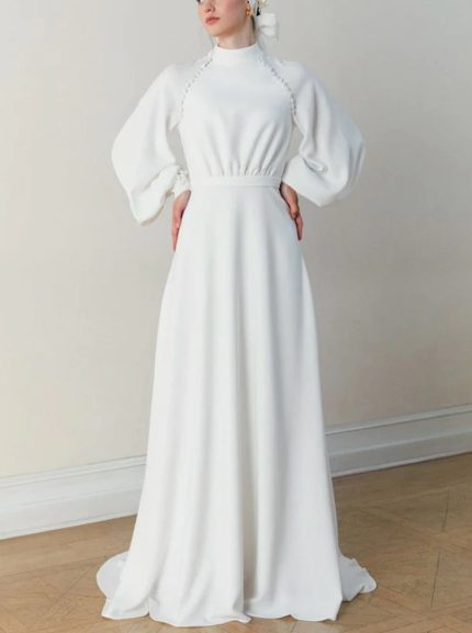 Modest A-line Wedding Gown with High Neck and Long Sleeves