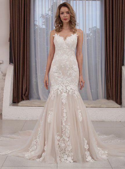Idolrays Lace Wedding Gown with Spaghetti Straps and Chapel Train
