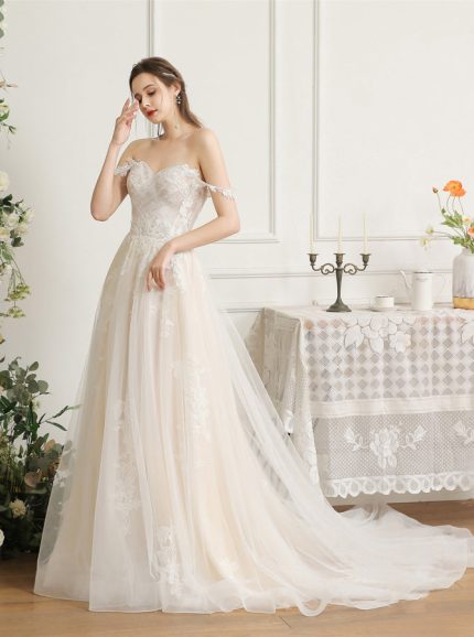 Idolrays Lace Applique Wedding Gown with Off-The-Shoulder Neckline