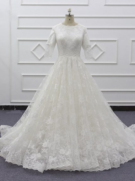 Modest Lace Bridal Gown with A-line Silhouette and Chapel Train