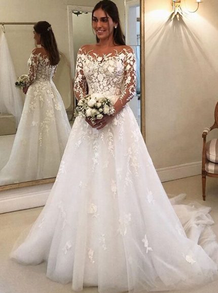 Romantic Lace Applique Wedding Gown Illusion Neckline Bridal Dress