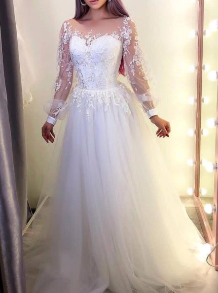 Idolrays Tulle Wedding Gown with Illusion Neckline and Lace Appliques