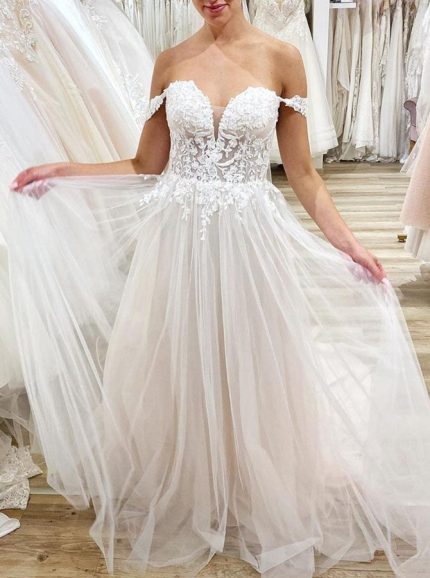 Romantic Lace Applique Wedding Dress with Off The Shoulder Neckline