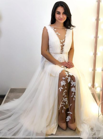 Idolrays Lace Applique Wedding Gown with Illusion Back