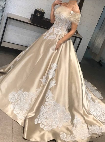 Luxurious A-line Wedding Gown with Off The Shoulder Neckline