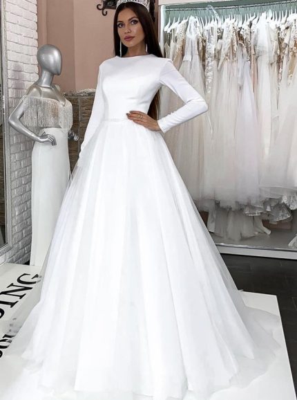 Modest A-line Wedding Dress with Long Sleeves and Beadwork