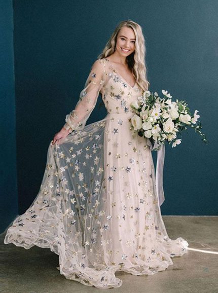 Idolrays A-line Wedding Gown with Long Sleeves and Stars Embellishments