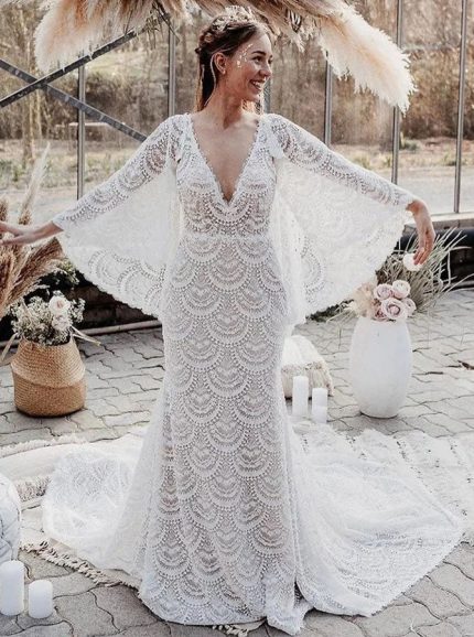 Lace Wedding Gown with Batwing Sleeves for Boho Brides