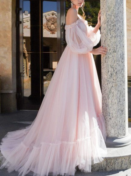 Idolrays Boho Wedding Dress with Lace Appliques and Off-The-Shoulder Neckline