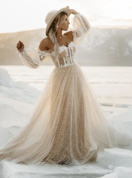 Idolrays Boho Wedding Dress with Off The Shoulder Neckline