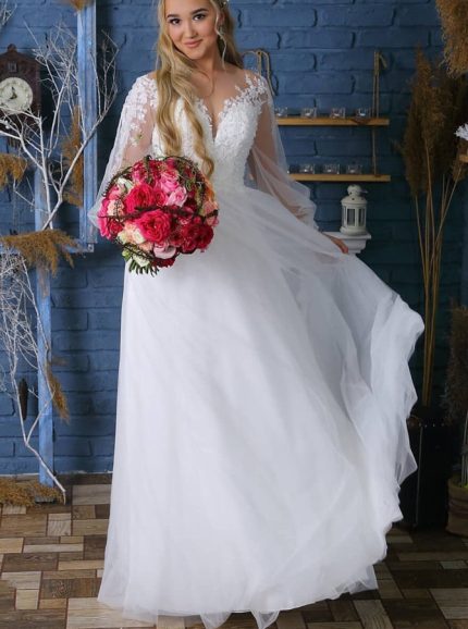 Princess Wedding Gown: Tulle A-line with Illusion Neckline and Lace Appliques