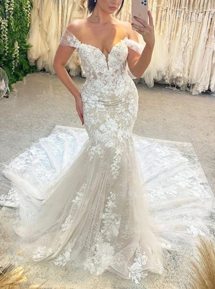 Lace Fitted Wedding Dress with Off The Shoulder Neckline
