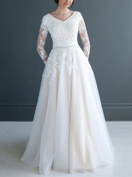 Modest A-line Wedding Gown with Lace Appliques and Long Sleeves