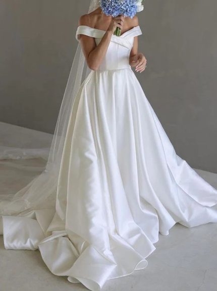 Satin A-line Wedding Dress with Off The Shoulder Neckline