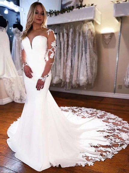 Idolrays Lace Applique Wedding Gown with Illusion Neckline